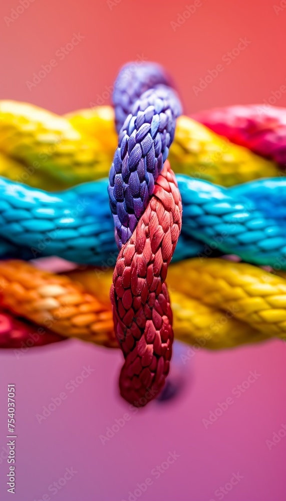 Poster unified strength diverse team connected by colorful ropes for powerful cooperation and support.