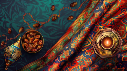 Background Lantern  dish of dates and Qur'an on Ramadan colorful fabrics  - obrazy, fototapety, plakaty