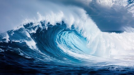 Majestic colossal ocean wave towering against blue sky, side view perspective captured beautifully.