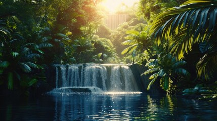 A vibrant, lush tropical scene with a waterfall surrounded by rich green foliage, illuminated by the bright midday sun casting reflections on the water. 8k