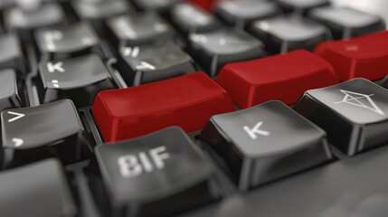 Computer keyboard with red keys, close-up. Free for text