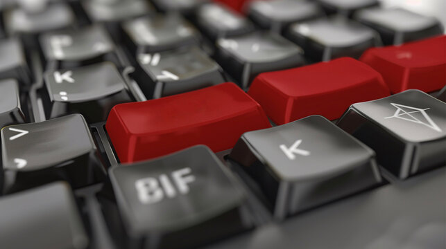 Computer keyboard with red keys, close-up. Free for text