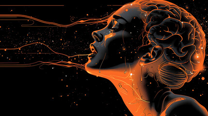 Illustration de type BD réaliste d'une femme sur fond noir, connexions oranges du cerveau, neurones et activité neurologique pendant la vie, image de la santé mentale et cognitive - obrazy, fototapety, plakaty