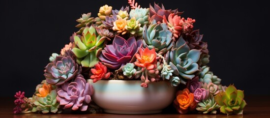 Obraz na płótnie Canvas A vase filled with a diverse array of vibrant succulents, showcasing various hues and shapes. The succulents appear healthy and thriving in their colorful display.