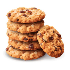 Stacked Oatmeal Raisin Cookies with oats, chocolate chips and raisins with a chewy and warm texture isolated on a white background created with Generative AI Technology