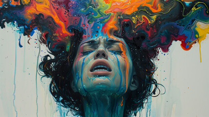 Visage de femme en souffrance qui pleure et dont la douleur s'évacue au niveau de son crâne : catharsis, dépression, souffrance psychique, psychose, hallucination, maladie mentale et psychiatrique