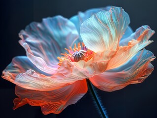 a digital photo of cinematic realism poppy flower , Muted glow opal white color margarite, iridescent opalescent colours, dark background
