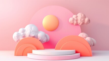 Pastel cloud background 3d podium with orange product display platform in studio scene