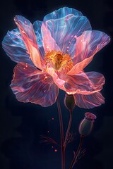 a digital photo of cinematic realism poppy flower , Muted glow opal white color margarite, iridescent opalescent colours, dark background