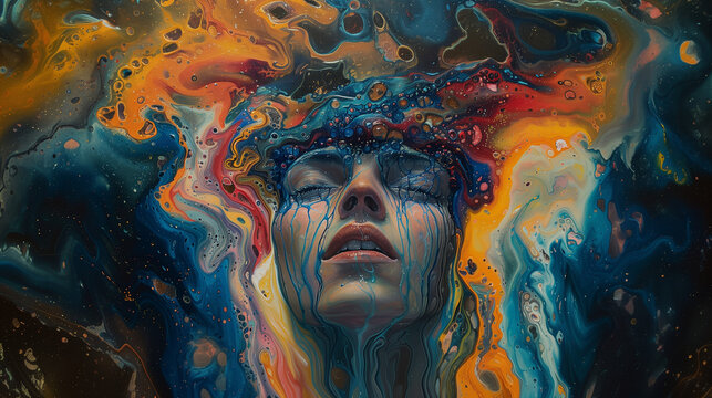 Visage sortant de la fum&eacute;e multicolore, image de l'&eacute;veil spirituel, du new age, ph&eacute;nom&egrave;nes paranormaux et &eacute;nerg&eacute;tiques, &eacute;veil de la conscience