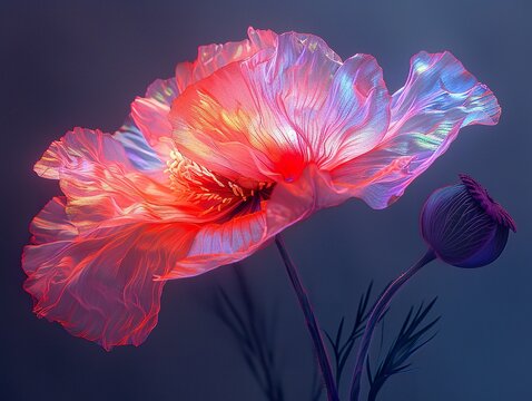 a digital photo of cinematic realism poppy flower , Muted glow opal white color margarite, iridescent opalescent colours, dark background
