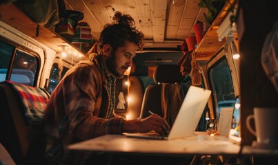  A young freelancer working intently on a laptop inside a snug, warmly-lit van as evening falls.