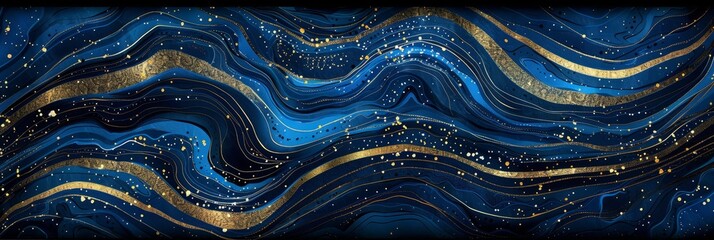 Blue liquid paint texture with gold mineral ink, creative rainbow stone water seamless design