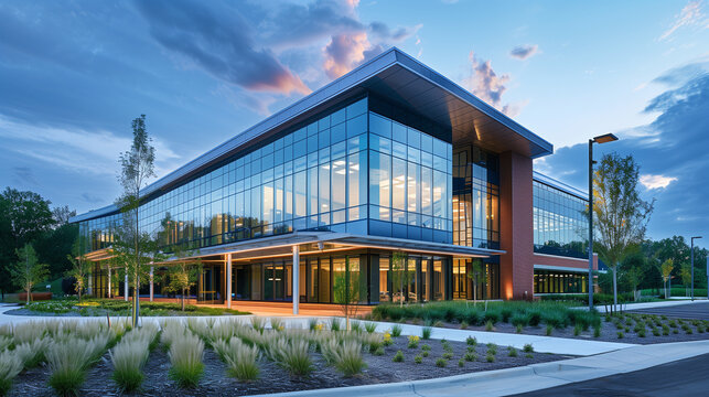 Medium size modern office building with lots of glass walls in the evening. 