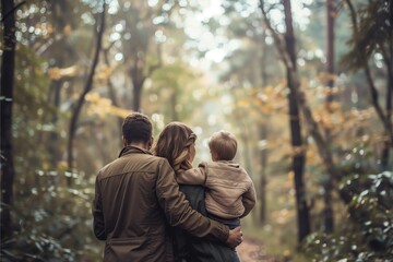 Fototapeta premium A happy couple enjoying nature with their child for their family time in a park or forest during autumn