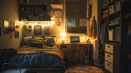 A display of dorm room essentials such as bedding sets desk lamps and storage bins for college students to create a cozy and functional living space.