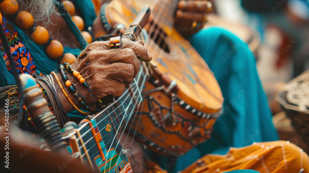 Poster a musician playing traditional instruments and mesmerizing the crowd with their talent adding to the