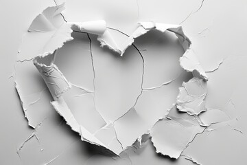 single, clean-cut heart shape is punched out of a sheet of crisp white paper - obrazy, fototapety, plakaty