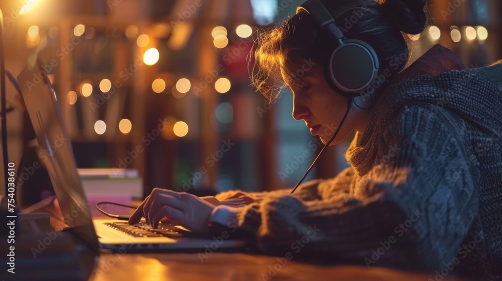 Poster a shot of a person sitting at a desk with a headset on participating in a virtual language class.