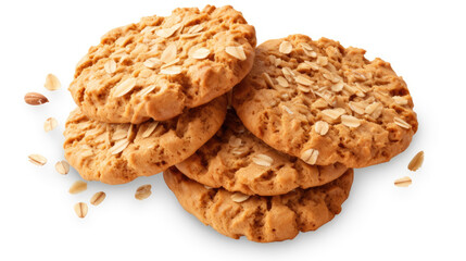 Homemade baked cookie biscuits with peanut butter and oat ingredients isolated on white background 