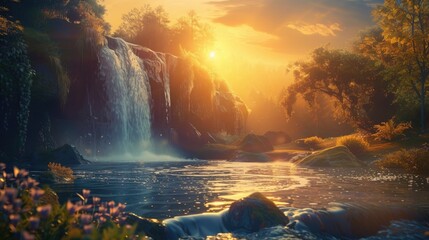 A waterfall empties into a clearing as the sun sets, highlighting the tranquil flow of water and giving the surroundings a golden tint. 