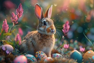 Fototapeta na wymiar A rabbit is sitting in a field of flowers and eggs