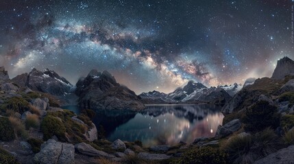 A wide panoramic view of a secluded lake under the night sky, with the Milky Way's brilliance...