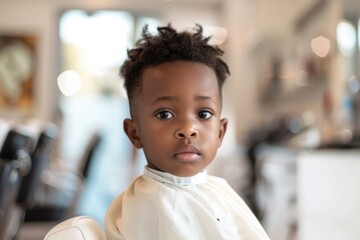 Portrait of a little boy in a barbershop - obrazy, fototapety, plakaty