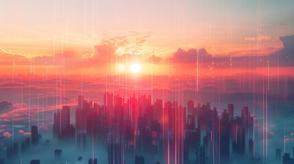 Futuristic Cityscape with Red Sun and Cyan Sky