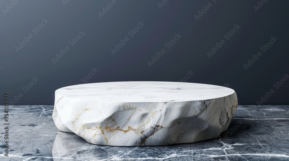 Poster white stone podium on dark background for product display in 3d studio with abstract marble showcase