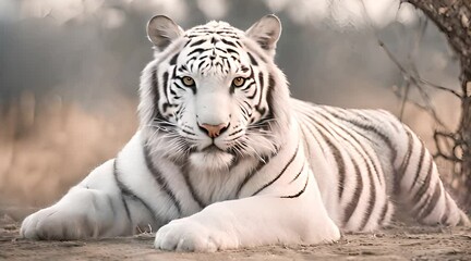 close up cinematic scene of a wild animal white tiger lying in the wild with a sharp look in its eyes