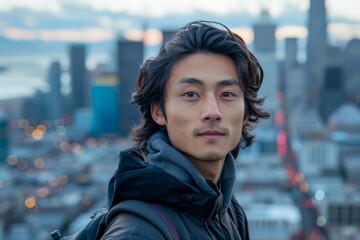 Fototapeta premium Young Asian Man with Stylish Hair Posing in Urban Setting at Dusk, Cityscape Background, Modern Lifestyle Portrait