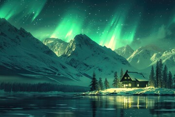 A dream of winter's night, a lakeside home illuminated by the Northern Lights, and snow-covered mountains rising in silent wonder. 