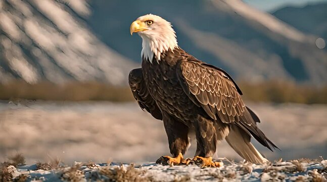 close up cinematic scene of an eagle at the foot of a mountain