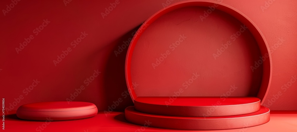 Poster red podium on light studio stage platform for product display with abstract scene wall and floor