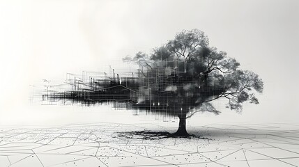 Digitalized Tree in Surreal Architectural Landscape