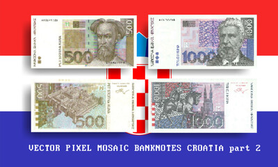 Vector set pixel mosaic banknotes of Croatia. Collection notes of 500 and 1000 kuna denomination. Obverse and reverse. Play money or flyers. Part 2