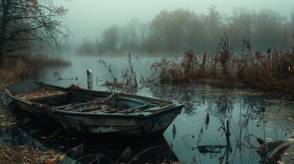 An abandoned boat lies half-submerged in the dark waters of a swamp, surrounded by fog and withered plants, suggesting a story of escape gone wrong in this haunting autumn scene. 8k