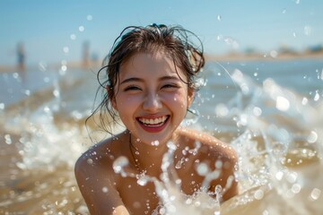 Obraz premium Young Joyful Woman Smiling in the Sea Water Under Bright Sunlight
