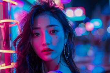 Obraz na płótnie Canvas Stunning Young Asian Woman with Glitter Makeup in Neon Lights Urban Night Setting, Vibrant Nightlife Atmosphere