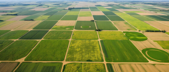 wide vast circular green crop fields agricultural farms seen from above created with Generative AI Technology
