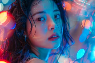 Young Woman with Glitter on Face Surrounded by Vivid Bokeh Lights, Ethereal Portrait in Blue and Red Tones