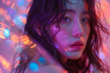 Enchanting Portrait of a Young Woman with Glittering Skin and Vivid Bokeh Lights - High-Quality Studio Photography for Commercial Use