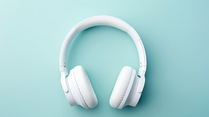 Blue pastel background with headphones for music listening, isolated equipment in white art banner advertising