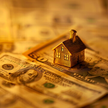 Symbolic image of financial investment in real estate. A golden house sits on top of financial documents, representing homeownership, financial security, and building wealth.
