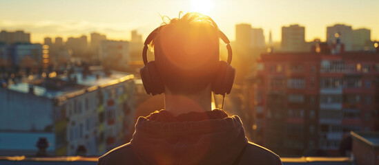 a man listening music use headphones with cityscape view
