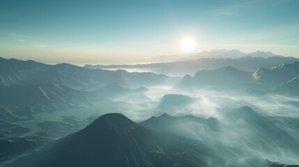An aerial perspective of Bromo at sunrise, capturing the expansive view of the mountain range and the surrounding caldera filled with morning mist, with the sun gracefully rising in the background. 8k - obrazy, fototapety, plakaty