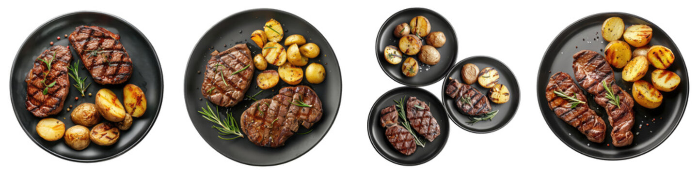 black plates with grilled beef steaks and potatoes top view  Hyperrealistic Highly Detailed Isolated On Transparent Background Png File