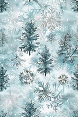 Background Texture Pattern - Winter Cel-Shaded Snowflakes and Pine Trees - Color Palette of Icy Blues, Whites, and Silvers created with Generative AI Technology