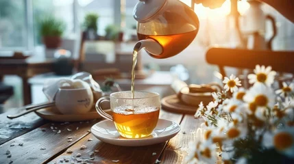 Foto op Plexiglas Female hand pouring natural chamomile tea from teapot into cup on table in kitchen Generative Ai © Nisa